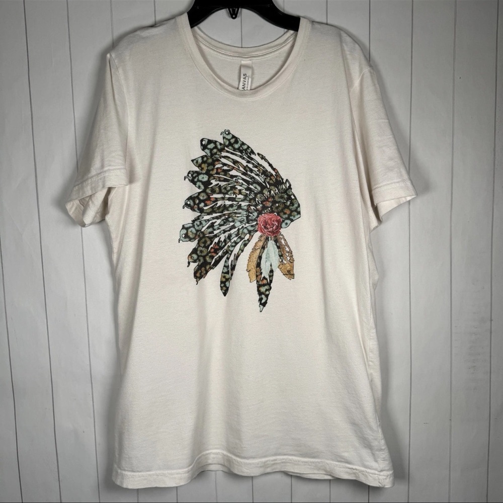 Indian Chief‎ Head Dress Graphic Tee White Casual T-shirt Western Boho Cowgirl M